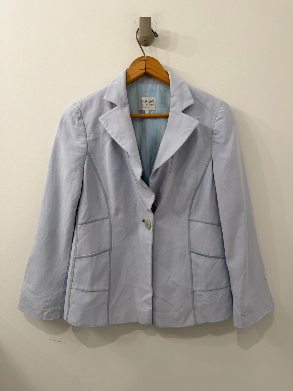 Vintage Armani Women’s Baby Blue Single Button Blazer Made in Italy Sz 6